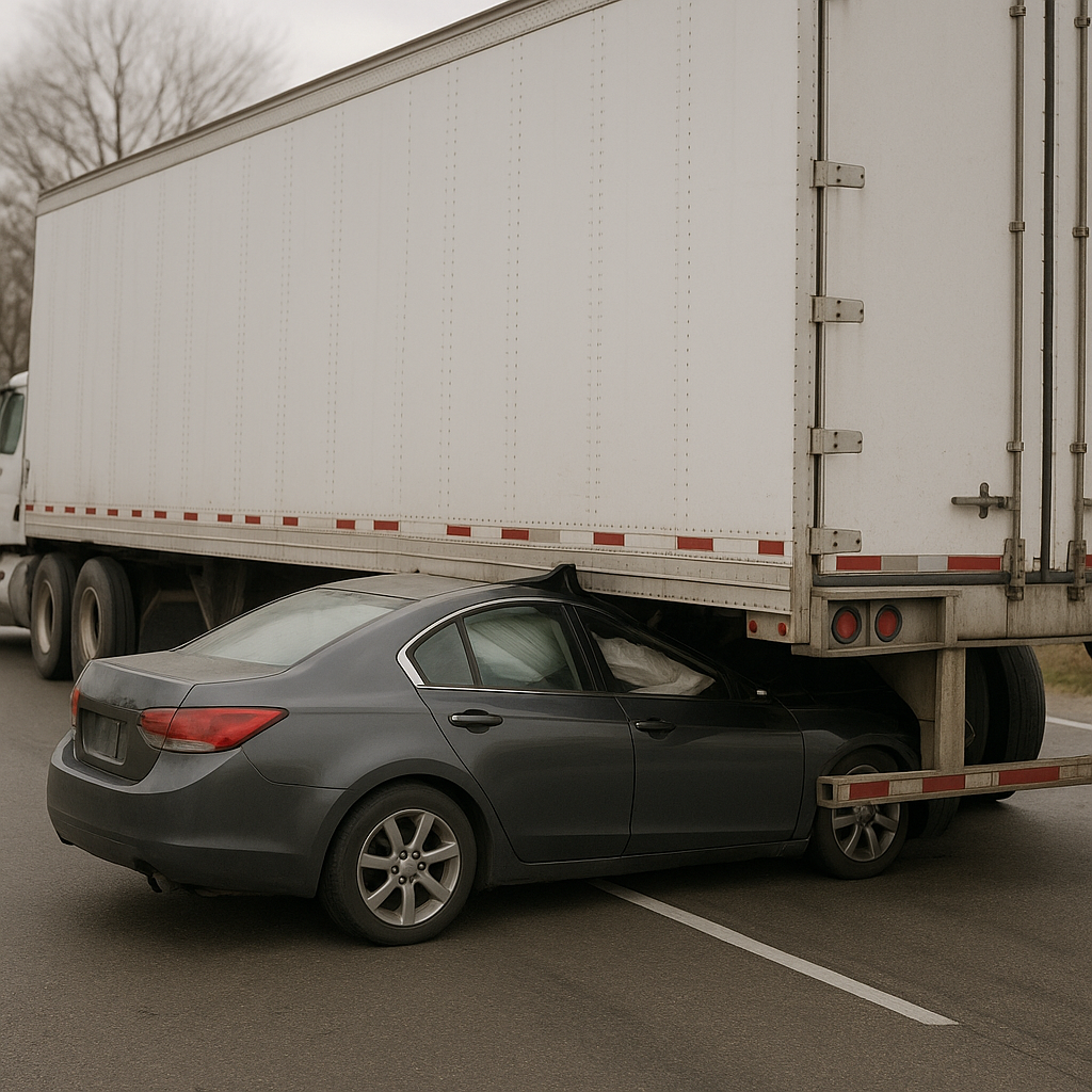 slowdown underride illustration for Car slid beneath a trailer during slowdown