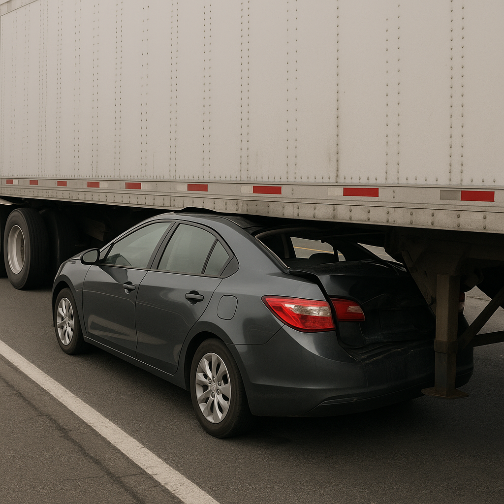 truck underride highway illustration for Car slid under a semi trailer on the highway