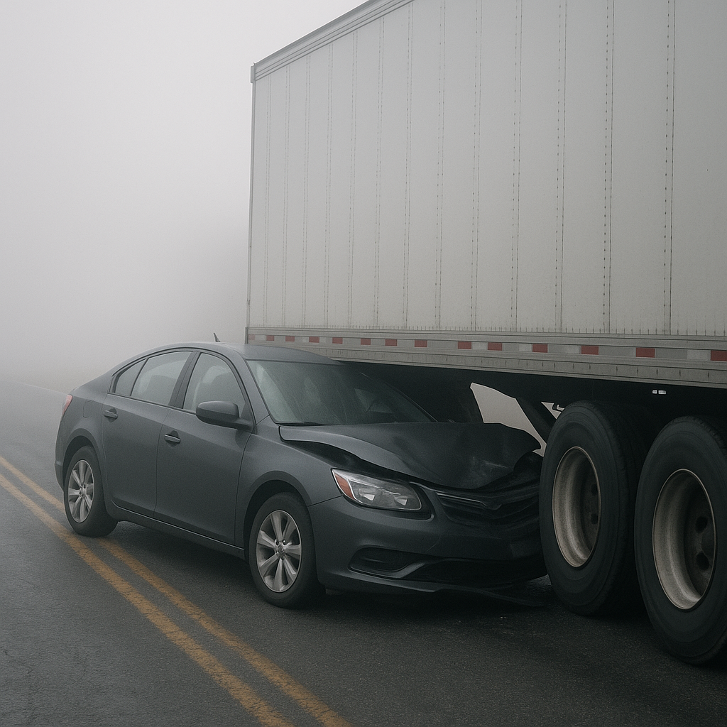 fog underride accident illustration for Car slid under semi during fog