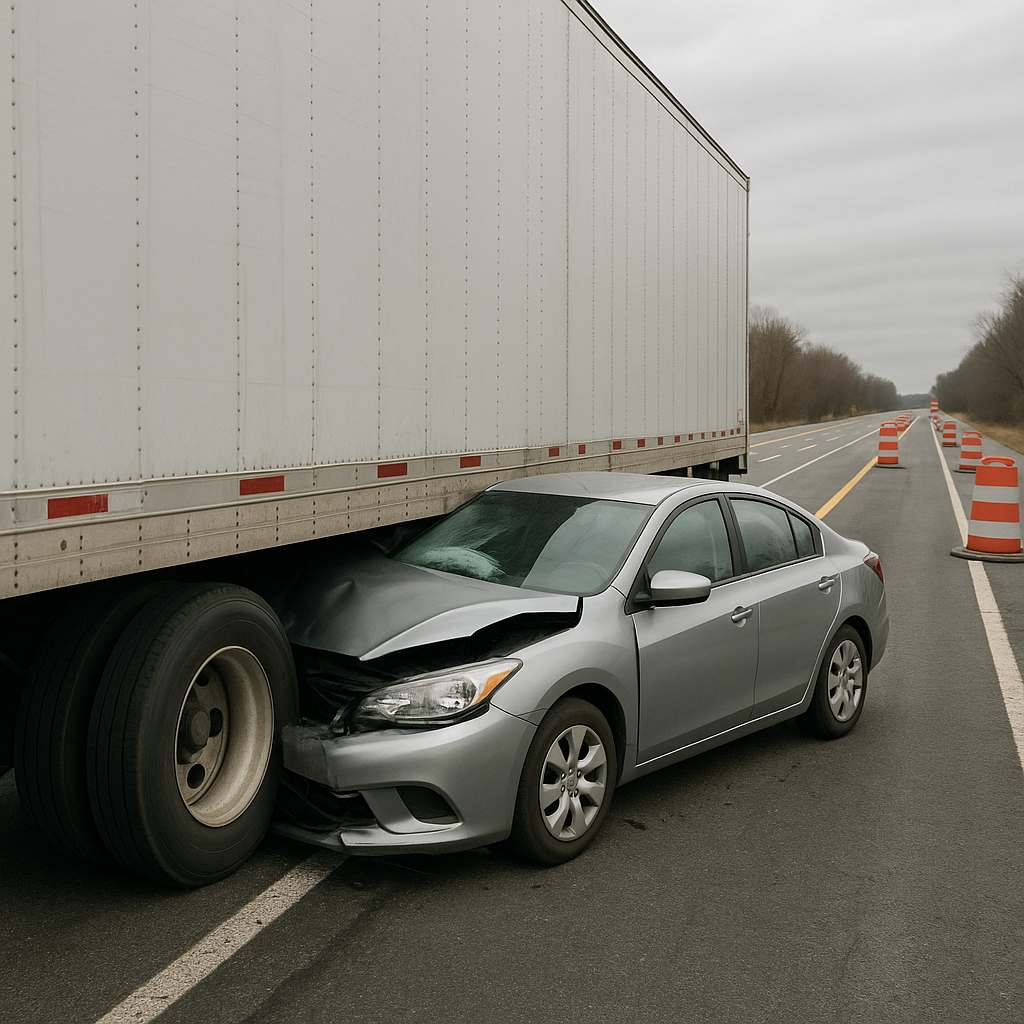 lane reduction underride illustration for Car slid under semi during lane reduction