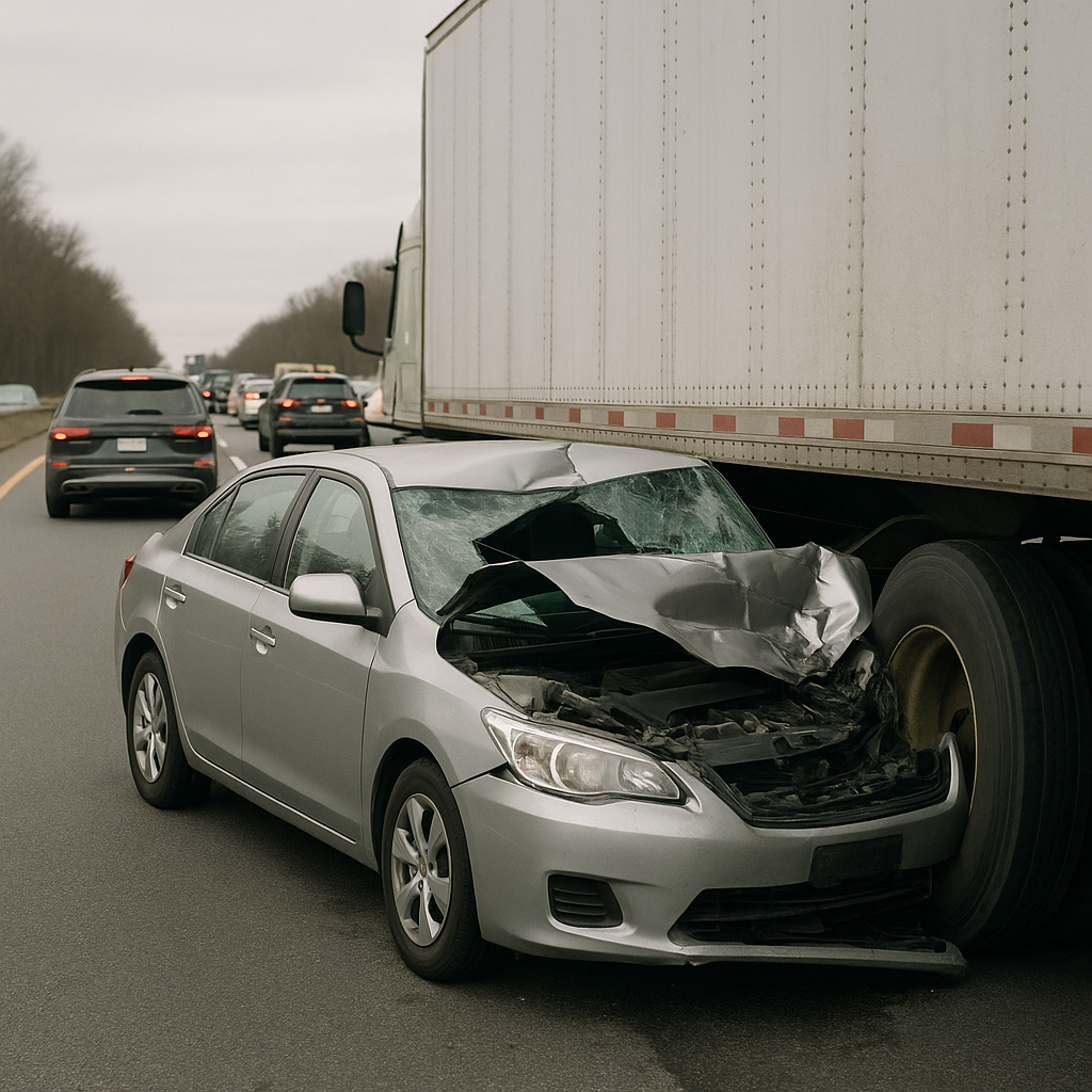 stopped traffic underride illustration for Car underride crash after traffic stopped