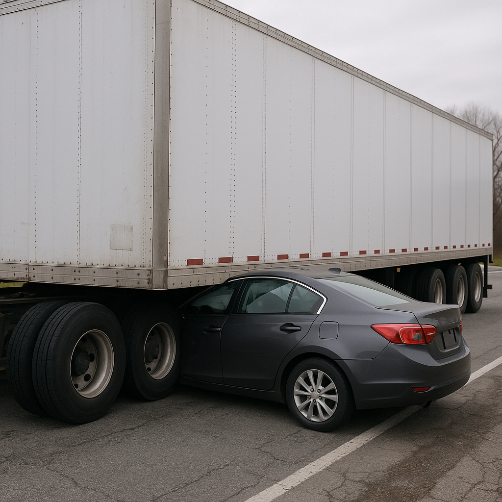 car wedged under semi illustration for Passenger car wedged under tractor trailer