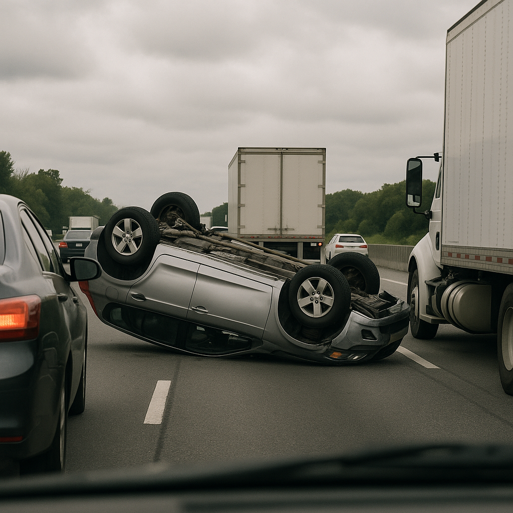 Rollover crash blocking highway traffic