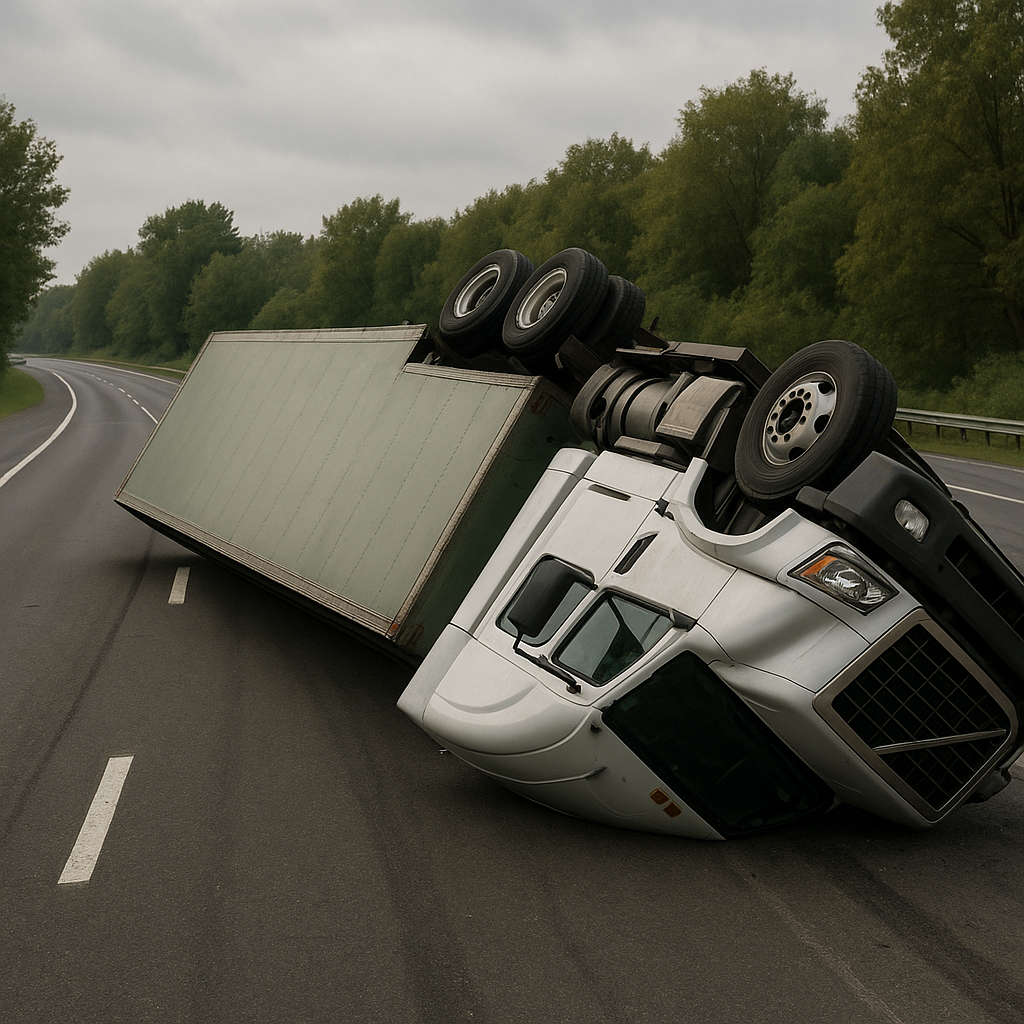 sudden lane shift rollover illustration for Semi rolled over after sudden lane shift