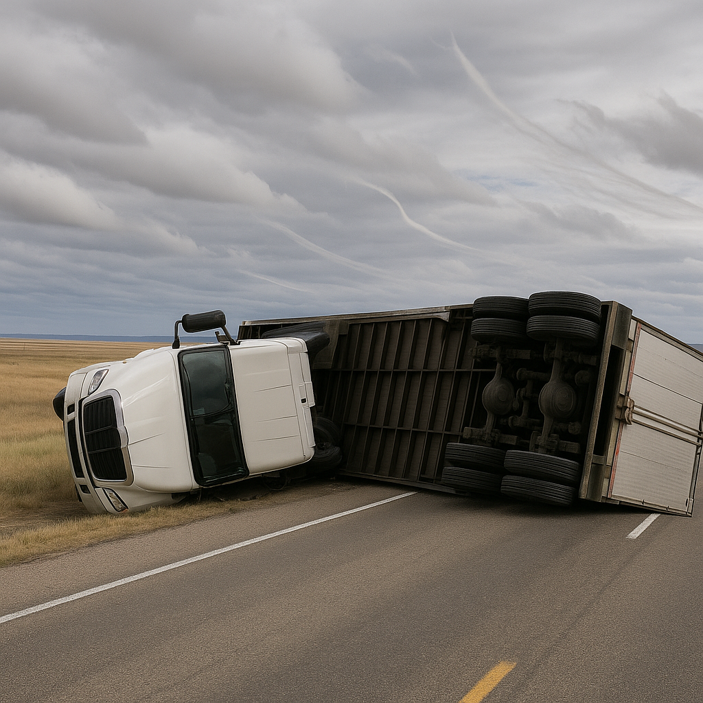 crosswind rollover illustration for Semi rolled over due to crosswinds