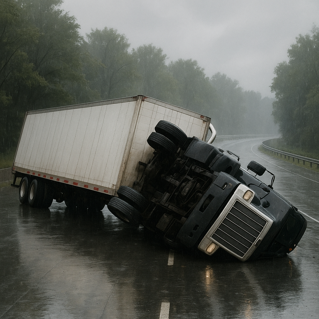 wet highway rollover illustration for Semi rolled over on wet highway