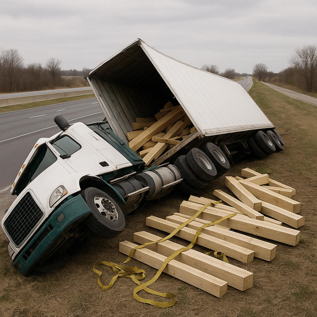 load securement rollover illustration for Semi rollover caused by improper load securement