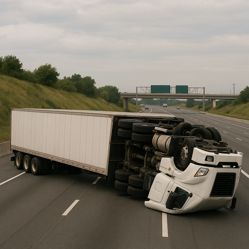 truck rollover highway illustration for Truck rollover blocked multiple highway lanes