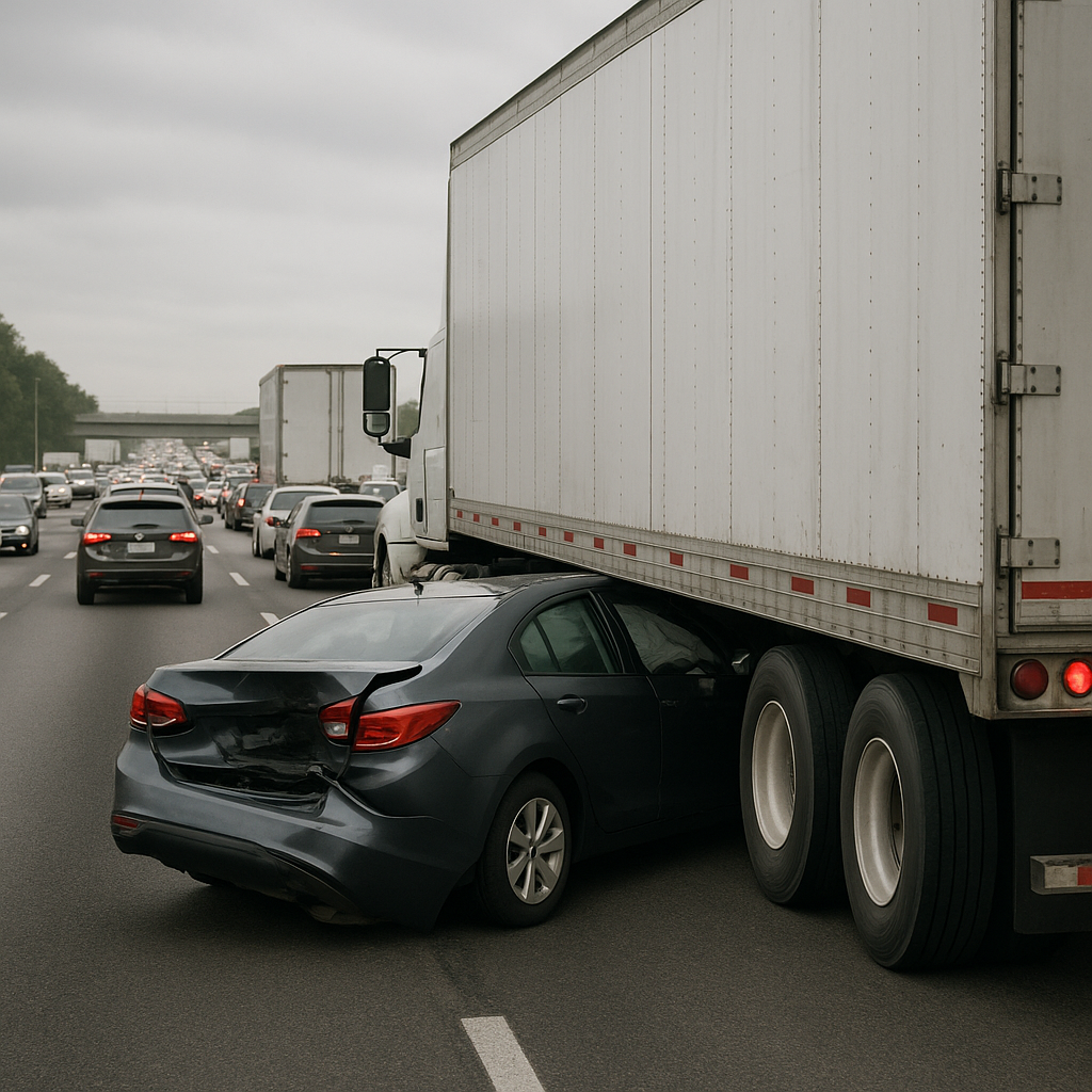 heavy freeway traffic underride illustration for Underride collision during heavy freeway traffic