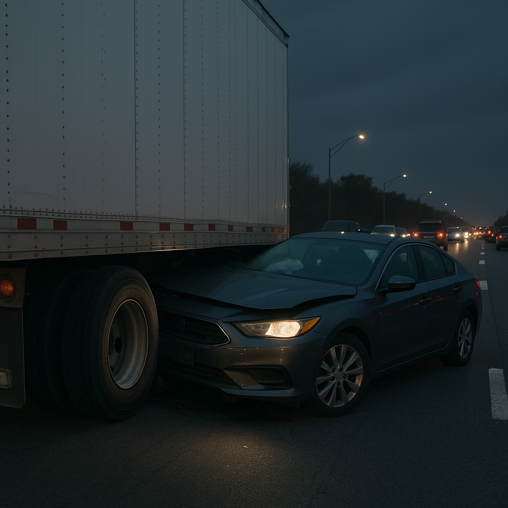 night slowdown underride illustration for Underride collision during night traffic slowdown