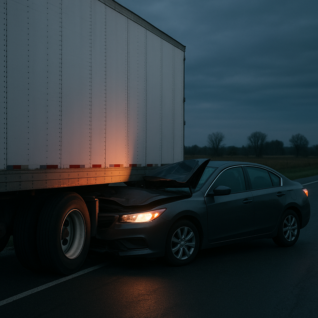 dusk lighting underride illustration for Underride collision involving trailer lighting at dusk