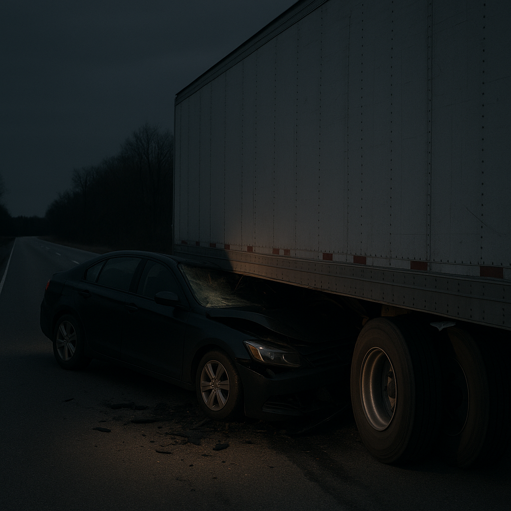 dark stopped trailer underride illustration for Underride crash involving stopped trailer in dark