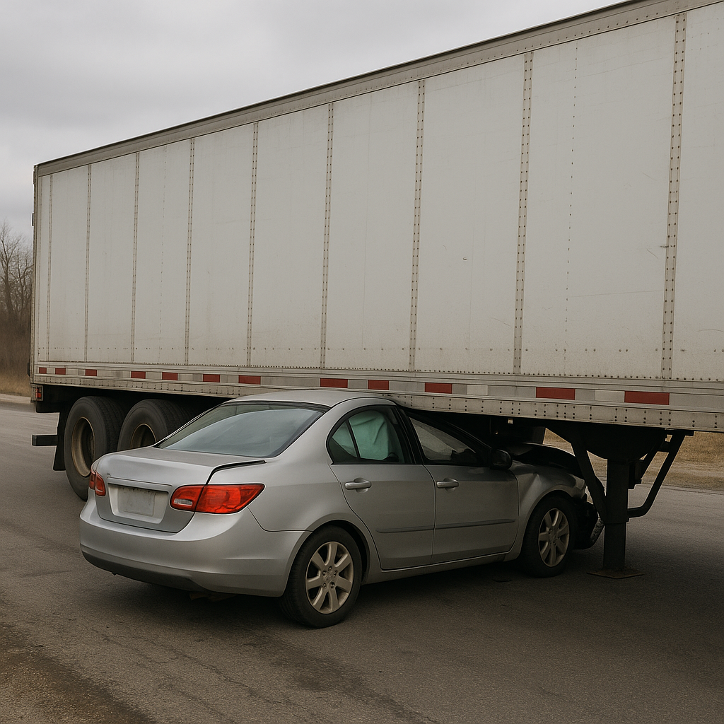 trapped under trailer illustration for Vehicle trapped under a truck trailer