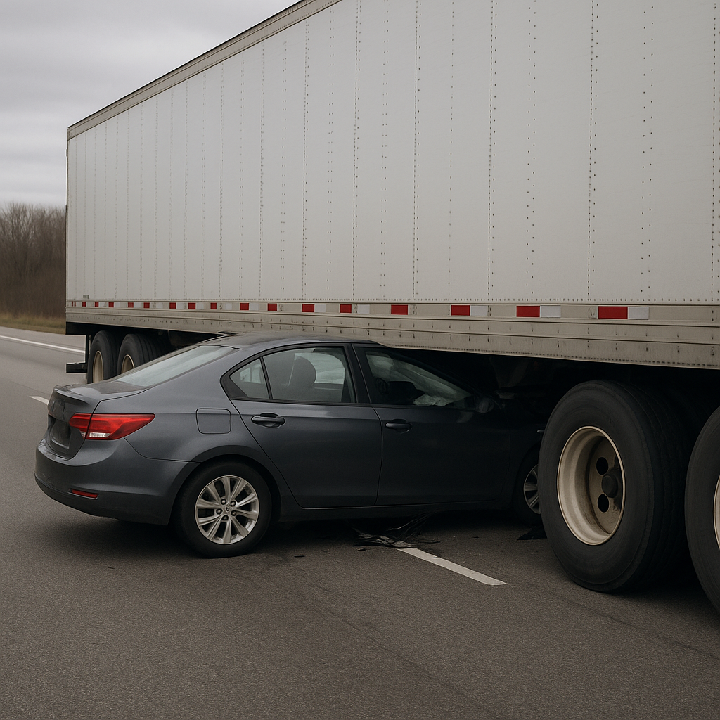 lane change underride illustration for Vehicle trapped under semi after lane change