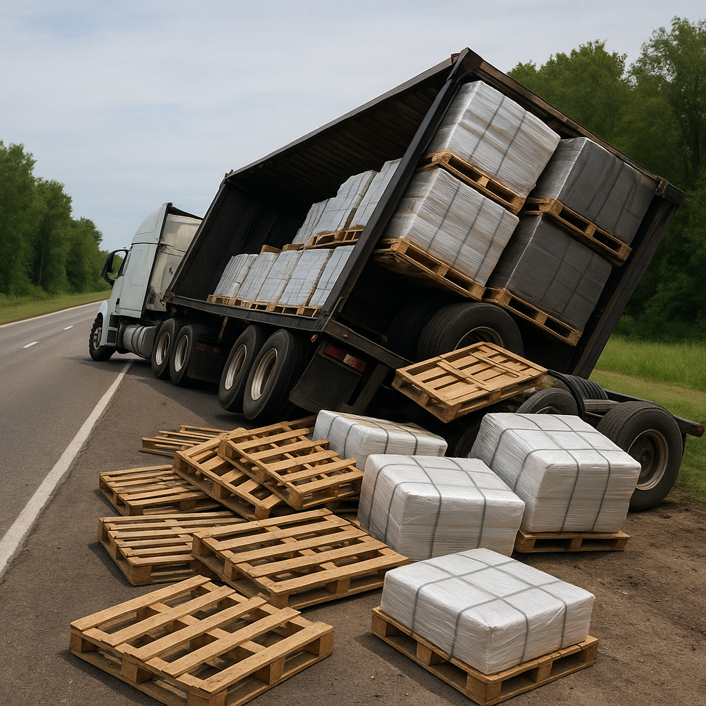 load instability rollover illustration for Semi rolled over due to load instability