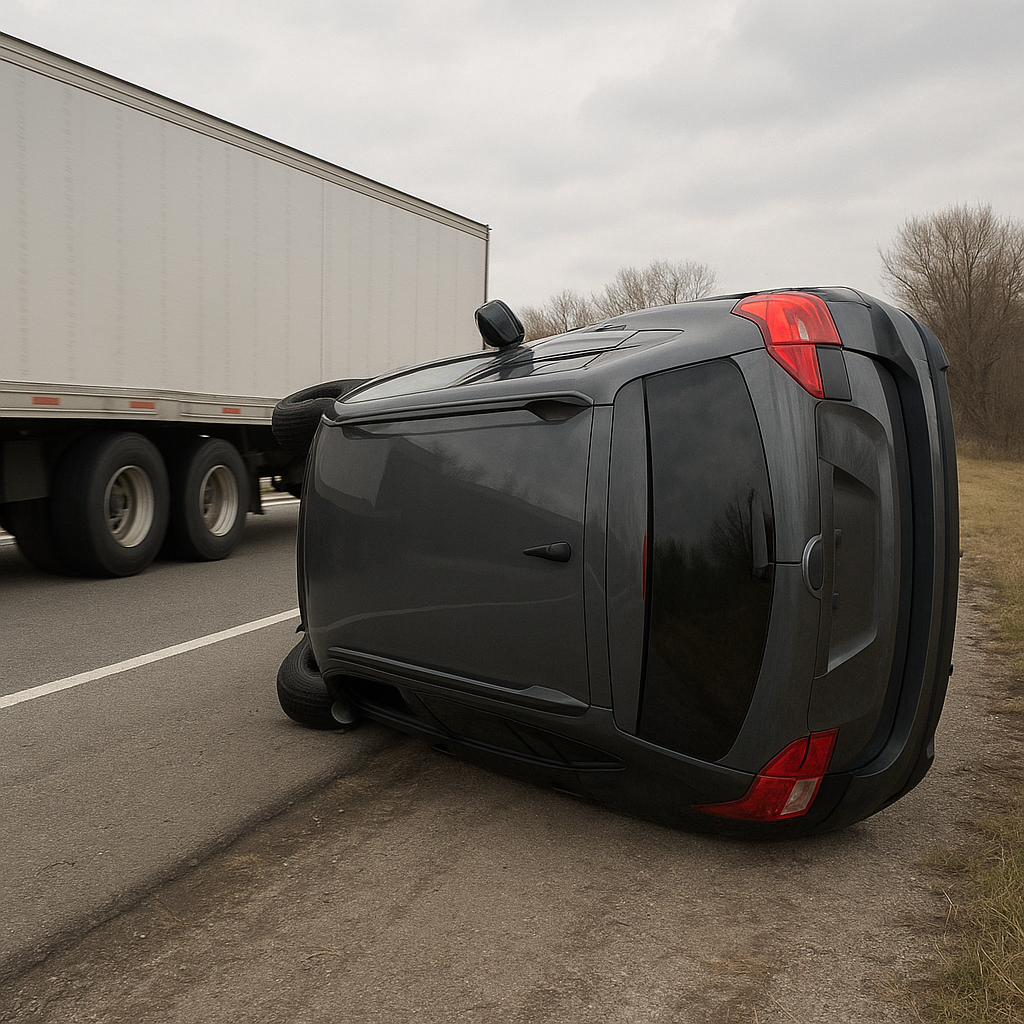 sudden deceleration rollover illustration for Semi rolled over due to sudden deceleration
