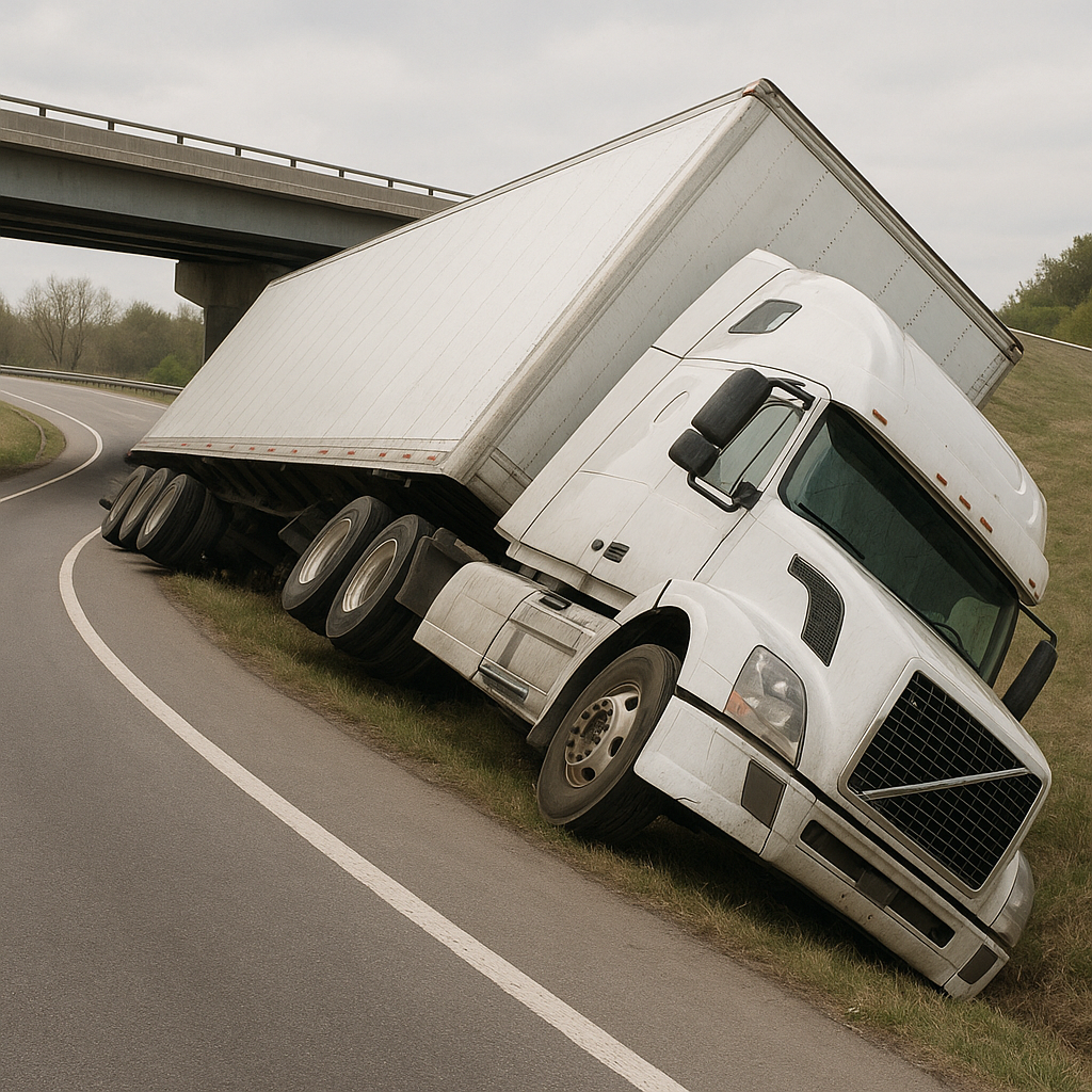 cargo shift ramp rollover illustration for Semi rollover caused by cargo shift on ramp