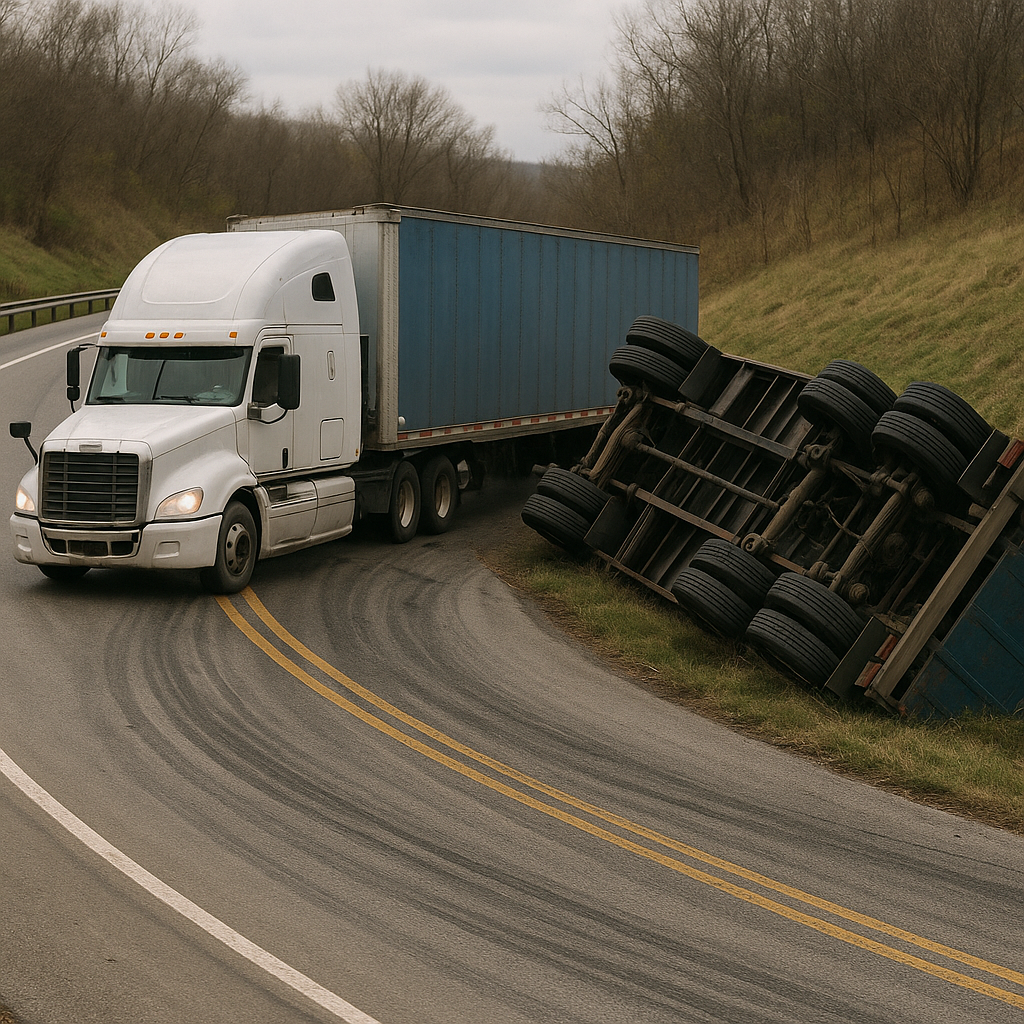 braking on curve rollover illustration for Semi rollover caused by sudden braking on curve