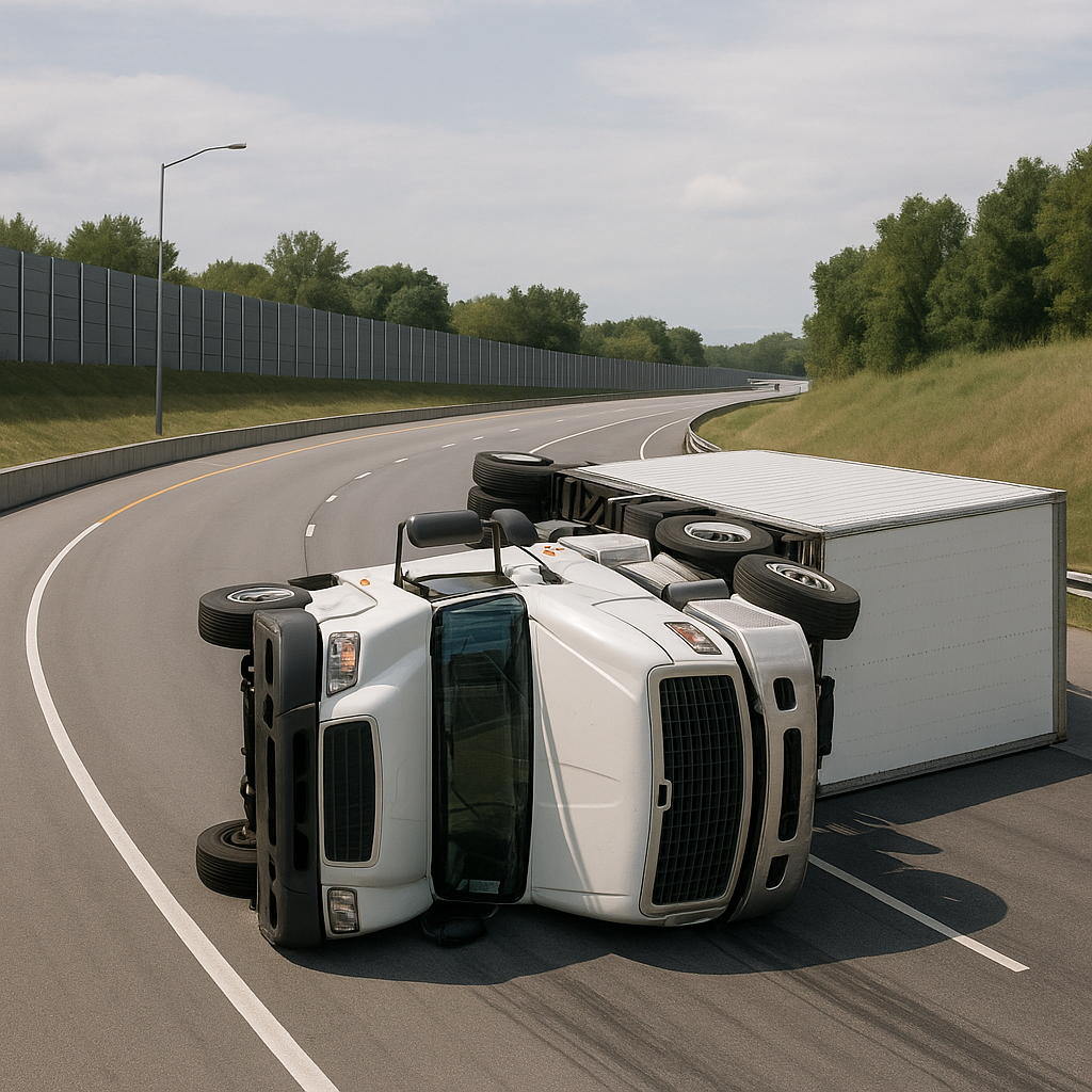 freeway curve rollover illustration for Truck rollover during freeway curve