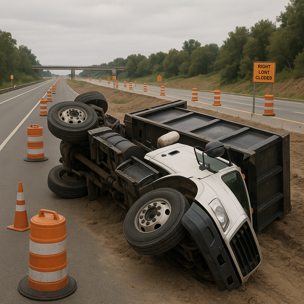 construction zone rollover illustration for Truck rollover during highway construction